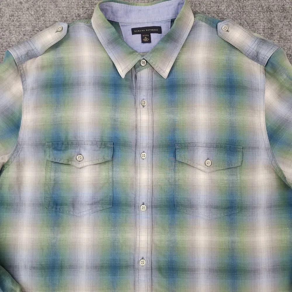 Banana Republic Shirt Mens XL Plaid Linen Blend Long Sleeve Button Up Coastal